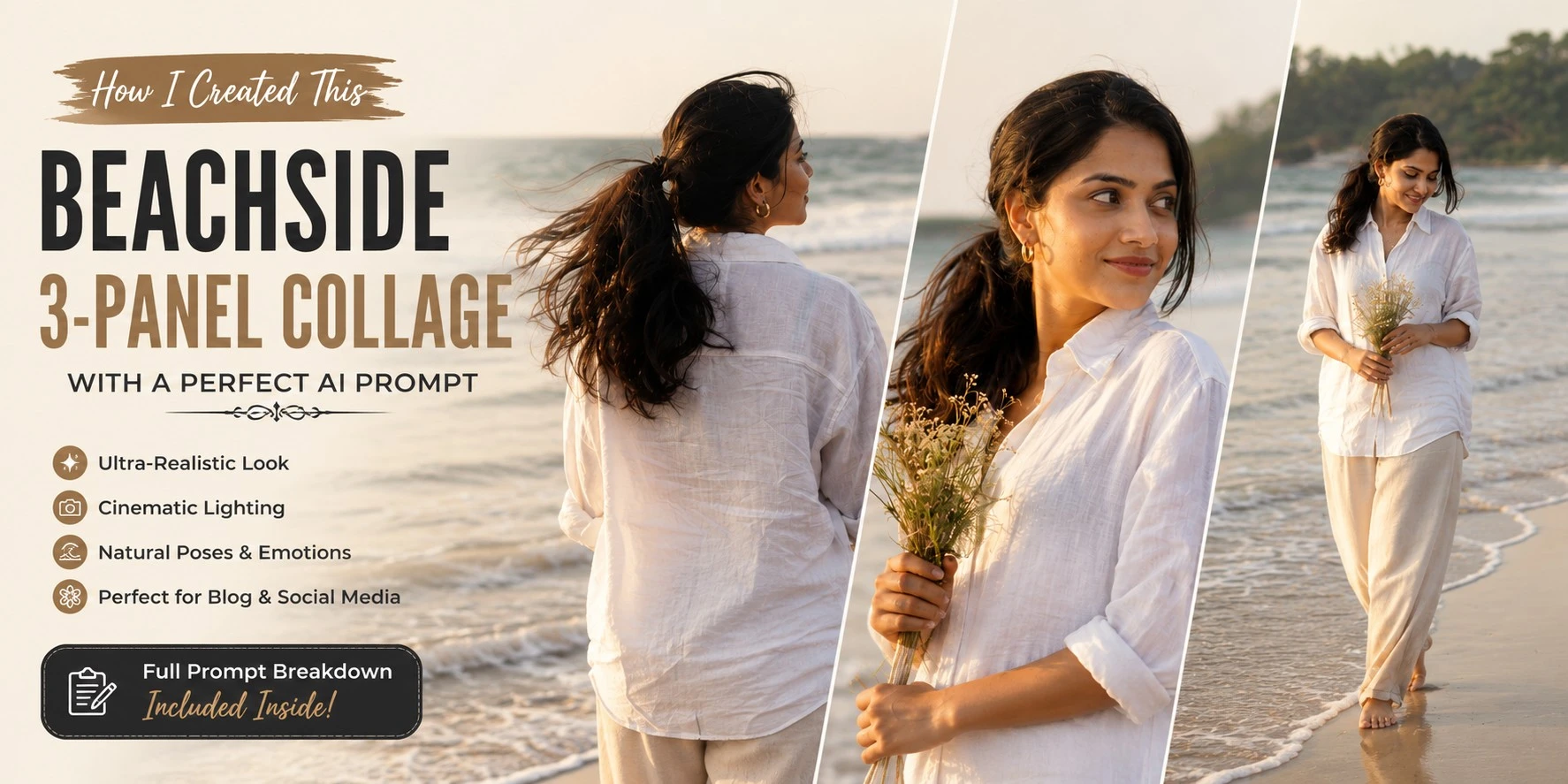 beachside cinematic 3-panel collage prompt