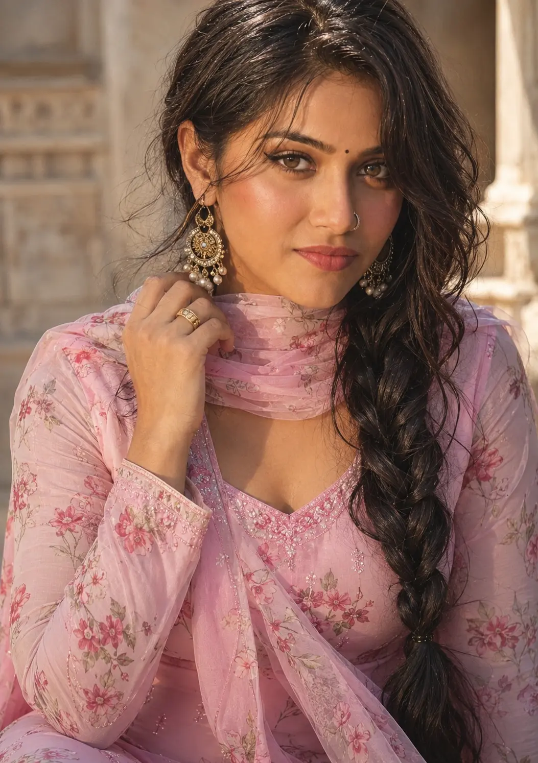 pink floral chiffon ethnic suit potrait 